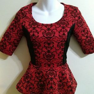 NWOT Red and black goth velvet burnout peplum top